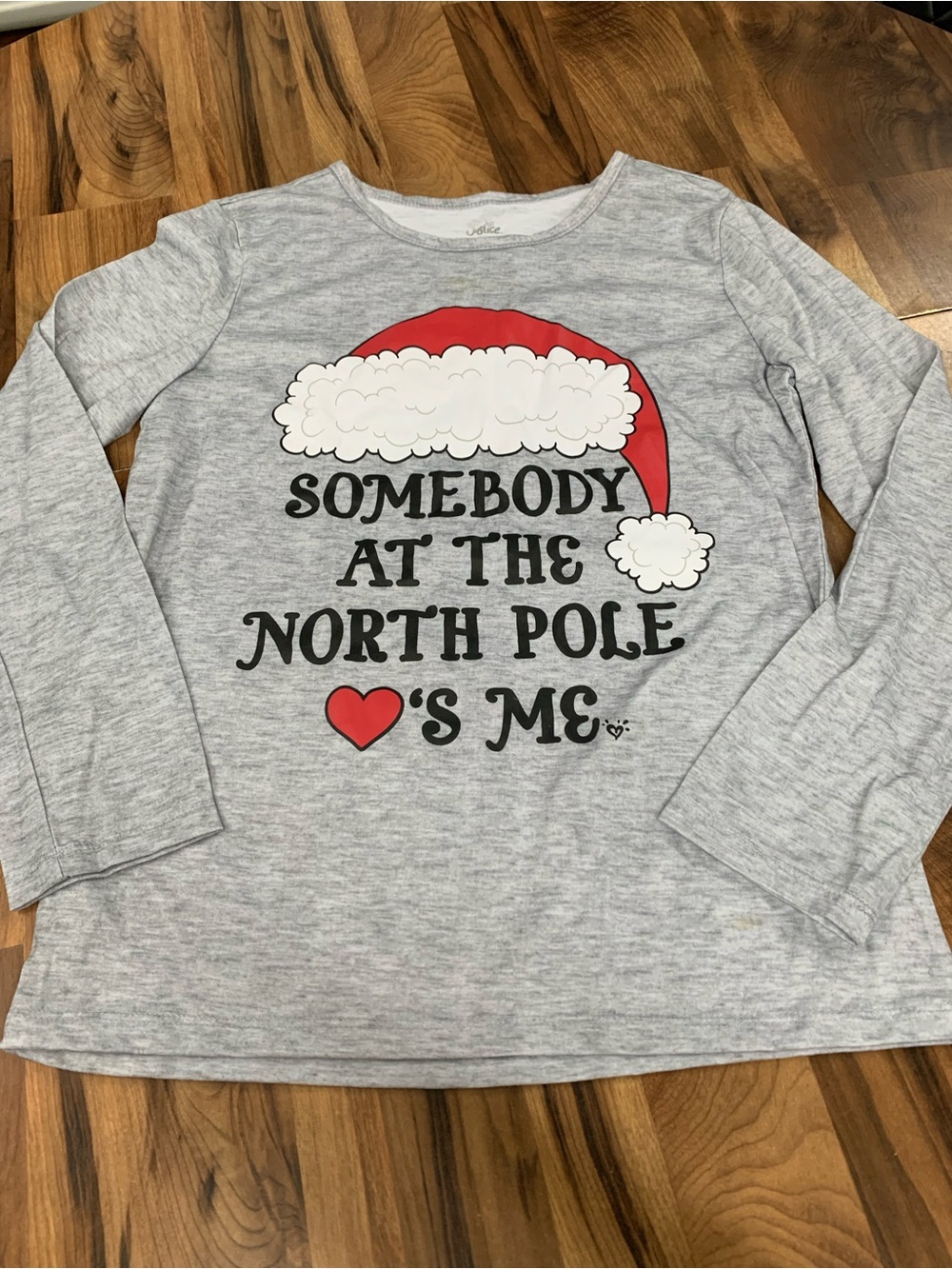 JUSTICE Girls 14-16 Christmas Santa North Pole Long Sleeve Tee T-shirt Gray